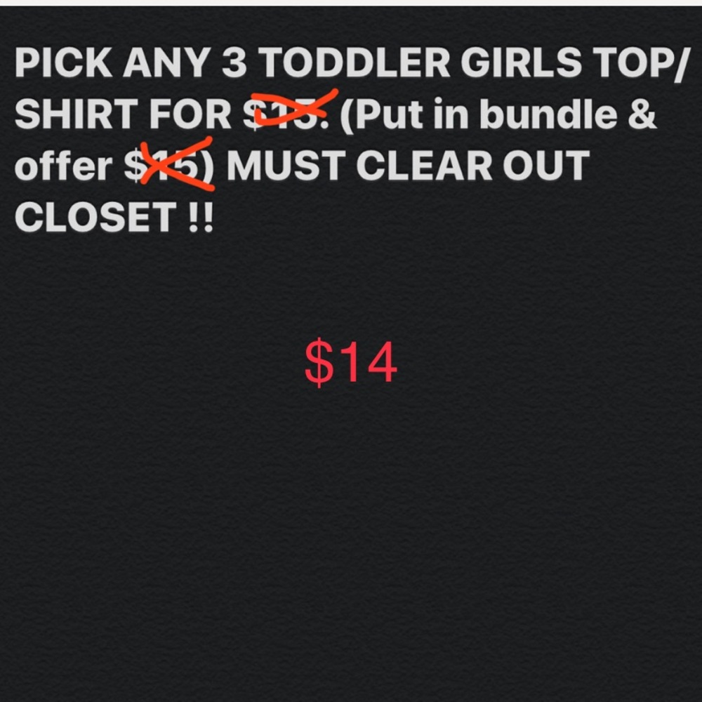 Any 3 toddler girls tops/shirts for $15!!!!